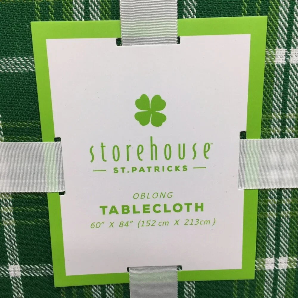 Storehouse St Patricks Day Green Tartan Plaid 60x84 Tablecloth White Silver  🍀